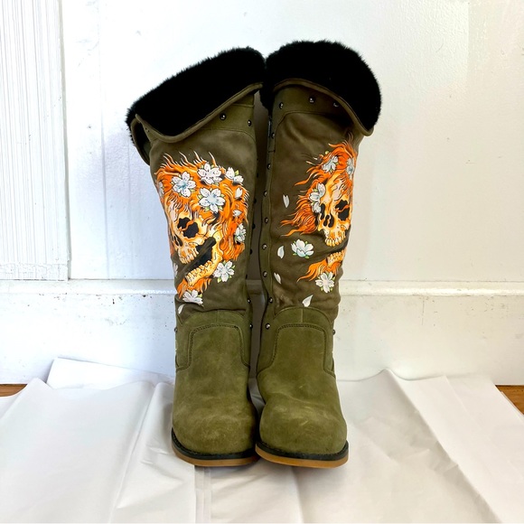 Ed Hardy | Shoes | Ed Hardy Rare Suede Fur Lined Skull Boots Size